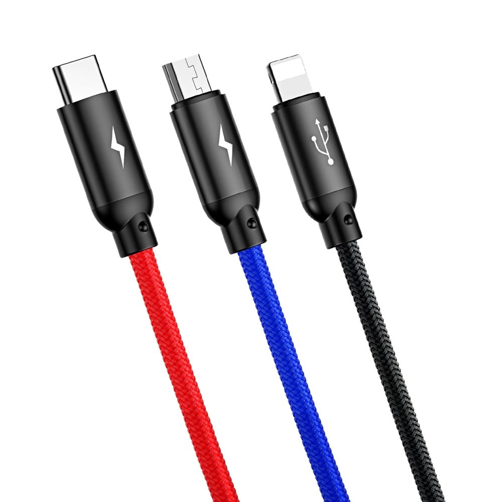 Baseus Three Primary Colors kabel 3w1 USB - micro USB / Lightning / USB-C w nylonowym oplocie 3.5A 1,2M czarny (CAMLT-BSY01) - obrazek 6