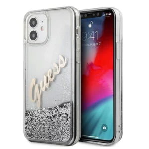 Etui Guess Glitter Vintage Script na iPhone 12 mini - srebrne